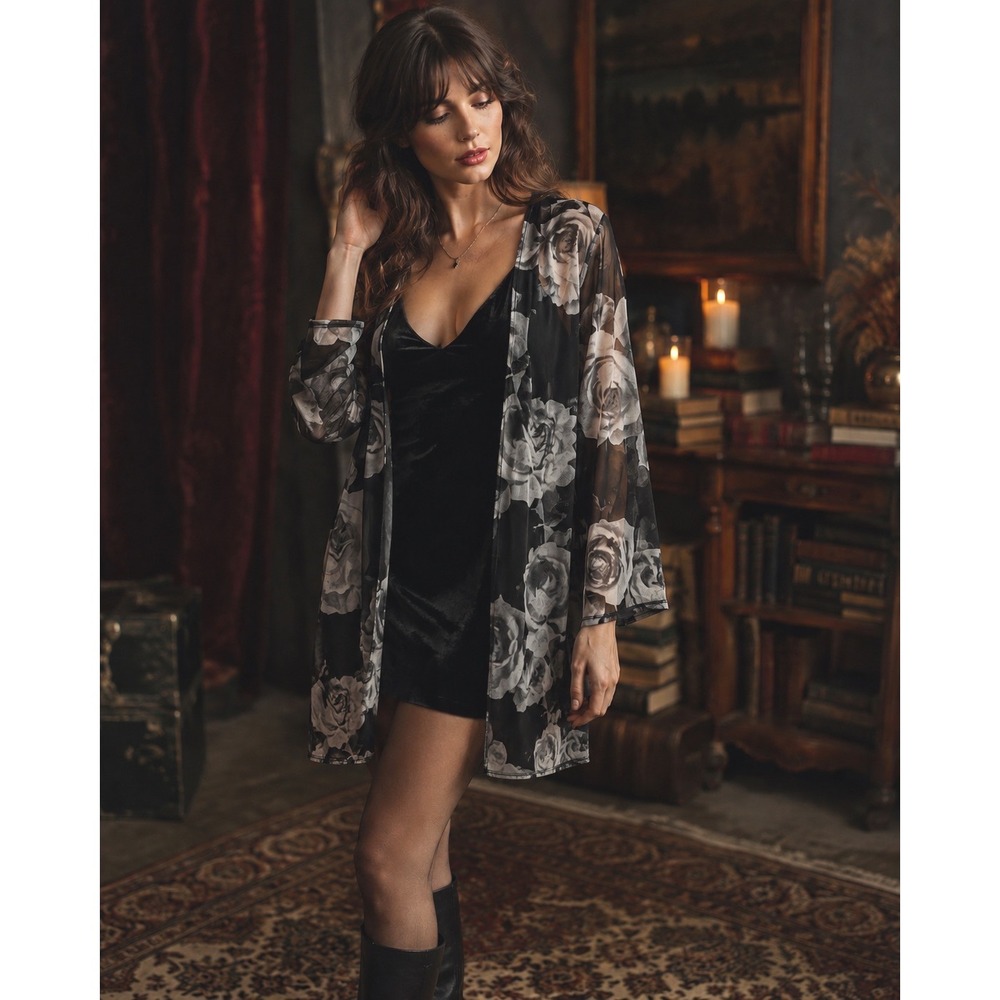 VTG Whimsigoth Sheer Mesh Floral Duster Cardigan Black White Roses Moody Women L